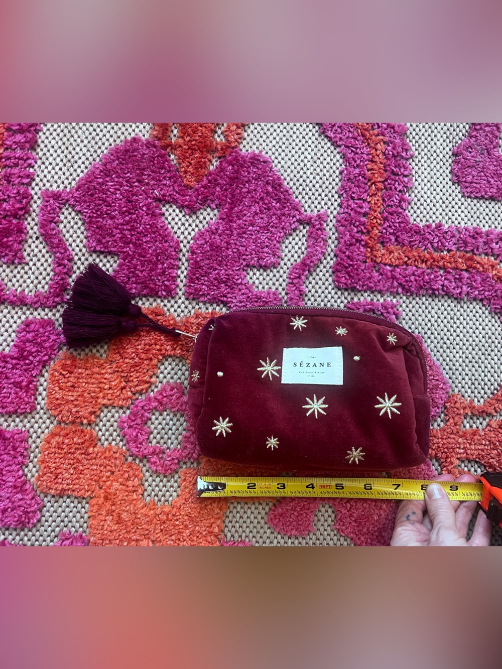Sezane Burgundy Velvet Star-Embroidered Tassel Pouch